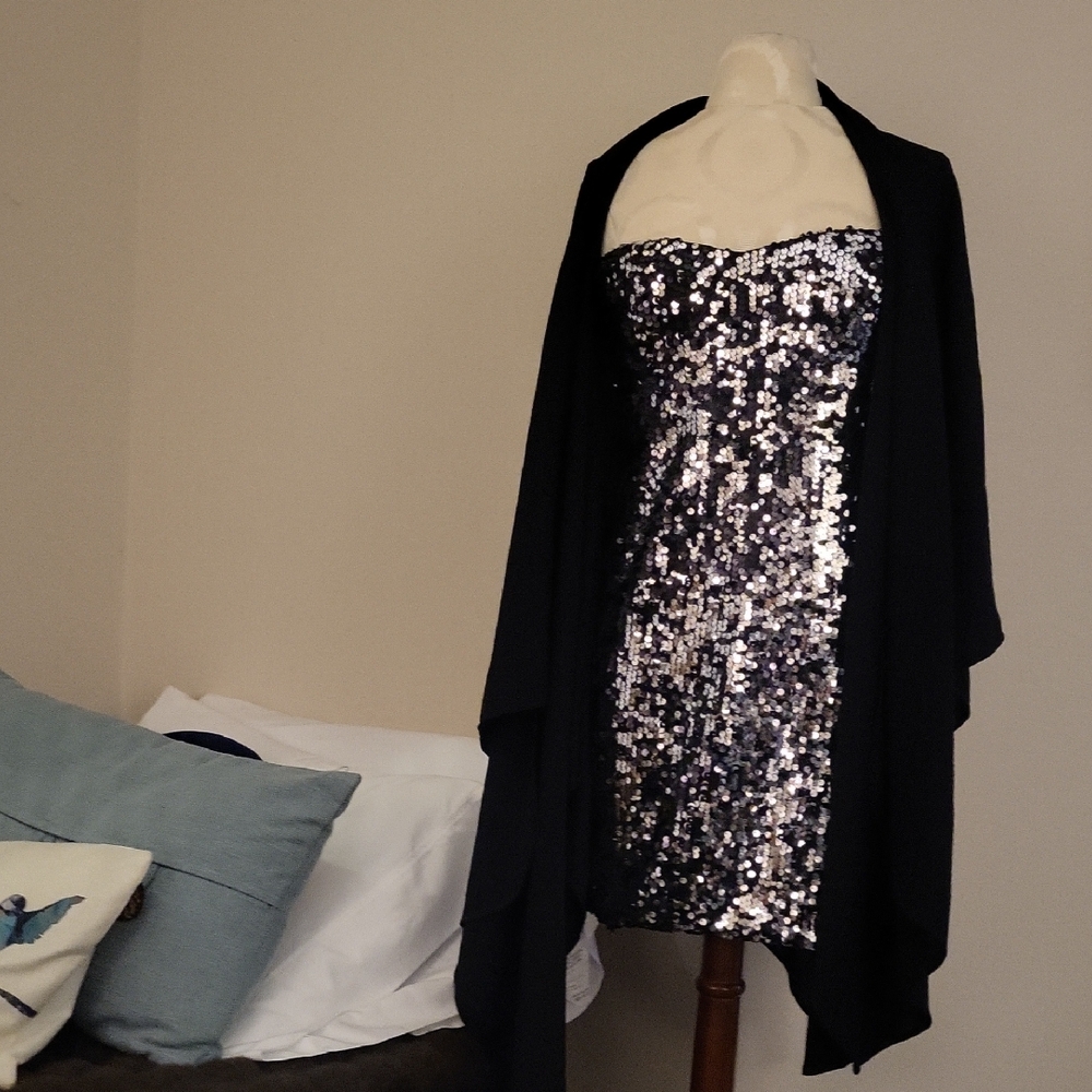 Harve Benard Strapless Sequin Dress with Black Shawl